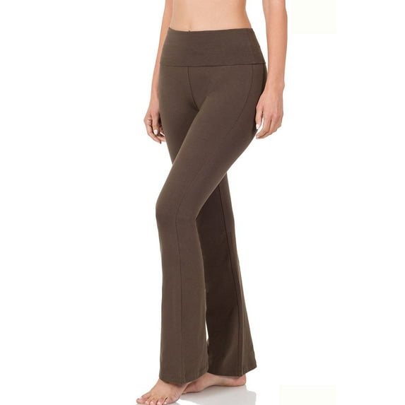 Women's Premium Cotton Fold Over YOGA Pants Regular and Plus Size (Brown, XL)