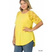 Zenana Outfitters  Plus Size Tops   Short Sleeve Plus Size Top with Lace Detail - Yellow