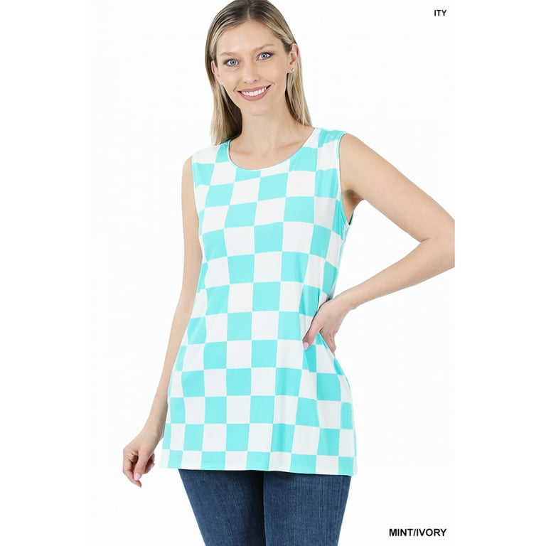 Zenana Outfitters Womens Sleeveless Cami Checkered Side Slit - Mint Ivory -  Perfect Summer Top