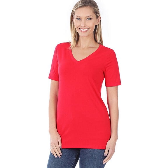 Zenana Plain Short Sleeve T Shirt V-Neck Top Stretch Cotton Tee Women Loose Fit