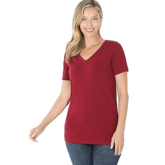 Zenana Plain Short Sleeve T Shirt V-Neck Top Stretch Cotton Tee Women Loose Fit
