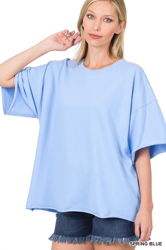 Plus Cotton French Terry Drop Shoulder Raw Edge Relaxed Casual Solid Tee Shirt Top