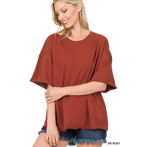 Zenana Plus Cotton French Terry Drop Shoulder Raw Edge Relaxed Casual Solid Tee Shirt Top