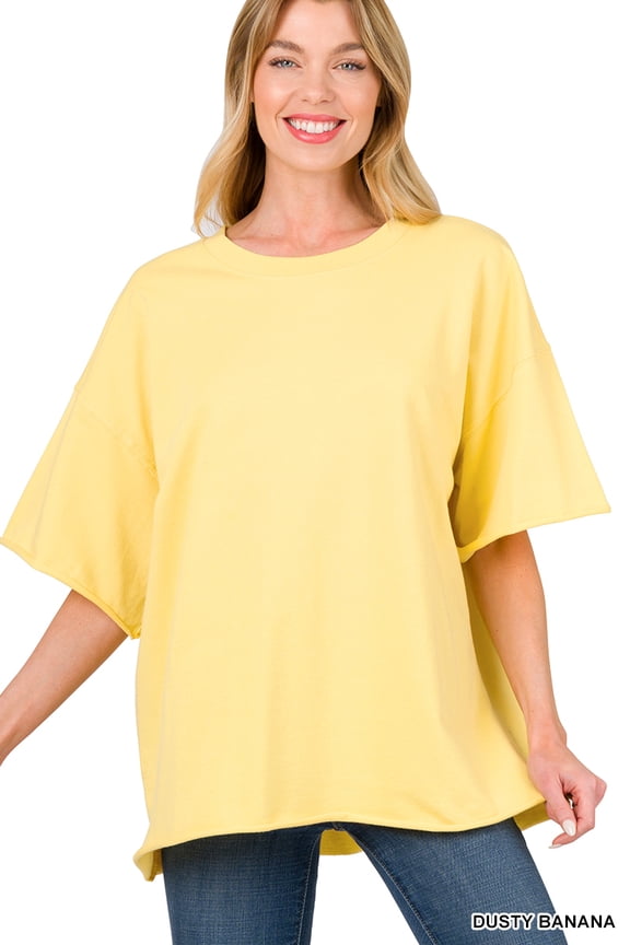 Plus Cotton French Terry Drop Shoulder Raw Edge Relaxed Casual Solid Tee Shirt Top
