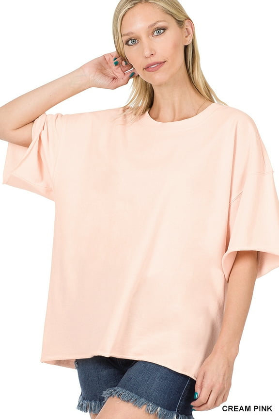 Plus Cotton French Terry Drop Shoulder Raw Edge Relaxed Casual Solid Tee Shirt Top
