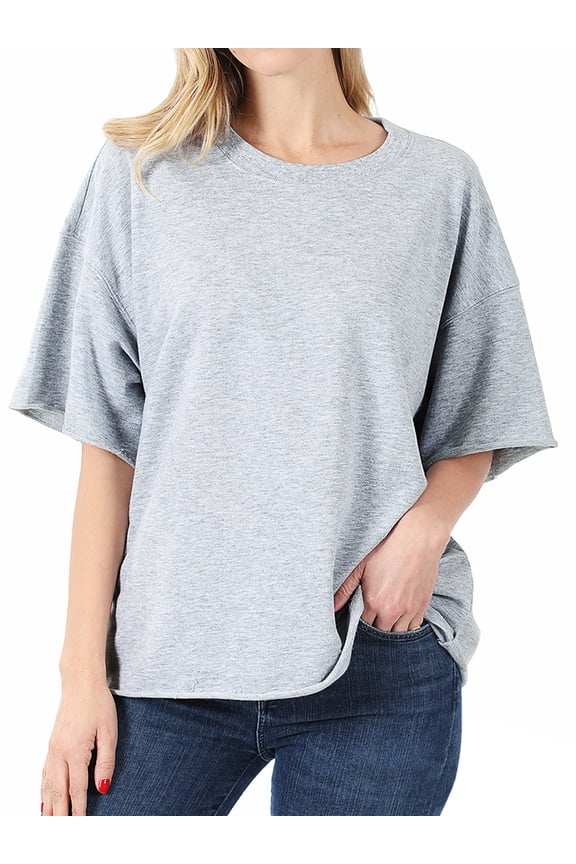 Plus Cotton French Terry Drop Shoulder Raw Edge Relaxed Casual Solid Tee Shirt Top
