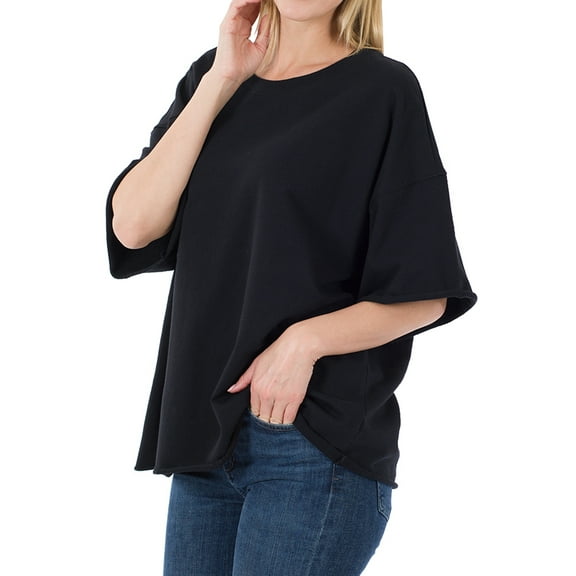 Zenana Plus Cotton French Terry Drop Shoulder Raw Edge Relaxed Casual Solid Tee Shirt Top