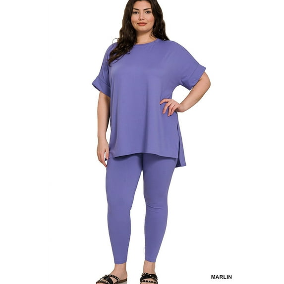 Zenana Plus Size Round Neck Brushed DTY Microfier Short Sleeve Hi-Low Hem & Full Length Leggings Loungewear Set