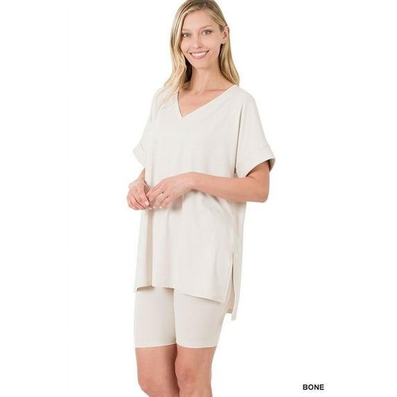 Zenana Plus Size Brushed DTY Microfier V-Neck Short Sleeve Hi-Low Hem & Biker Short Loungewear Set