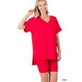 thumbnail image 1 of Zenana Plus Size Brushed DTY Microfier V-Neck Short Sleeve Hi-Low Hem & Biker Short Loungewear Set, 1 of 3