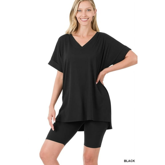 Zenana Plus Size Brushed DTY Microfier V-Neck Short Sleeve Hi-Low Hem & Biker Short Loungewear Set