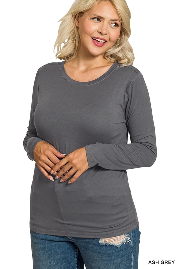 Plus Size Brushed Microfiber Lightweight Round Neck Long Sleeve Tee Shirts Top
