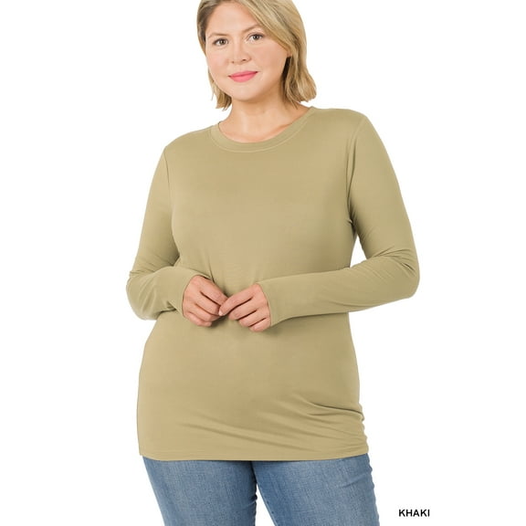 Zenana Plus Size Brushed Microfiber Lightweight Round Neck Long Sleeve Tee Shirts Top