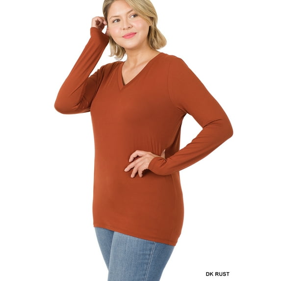 Zenana Plus Size Brushed Microfiber V-Neck Long Sleeve Lightweight Tee Shirt Top