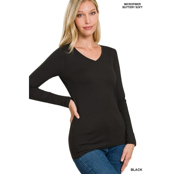 Zenana Plus Size Brushed Microfiber V-Neck Long Sleeve Lightweight Tee Shirt Top