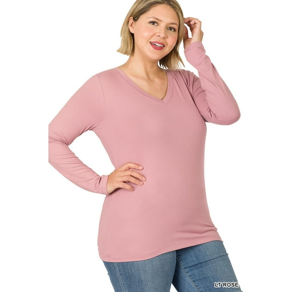 Zenana Plus Size Brushed Microfiber V-Neck Long Sleeve Lightweight Tee Shirt Top