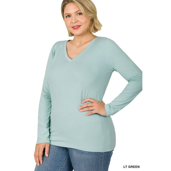 Zenana Plus Size Brushed Microfiber V-Neck Long Sleeve Lightweight Tee Shirt Top