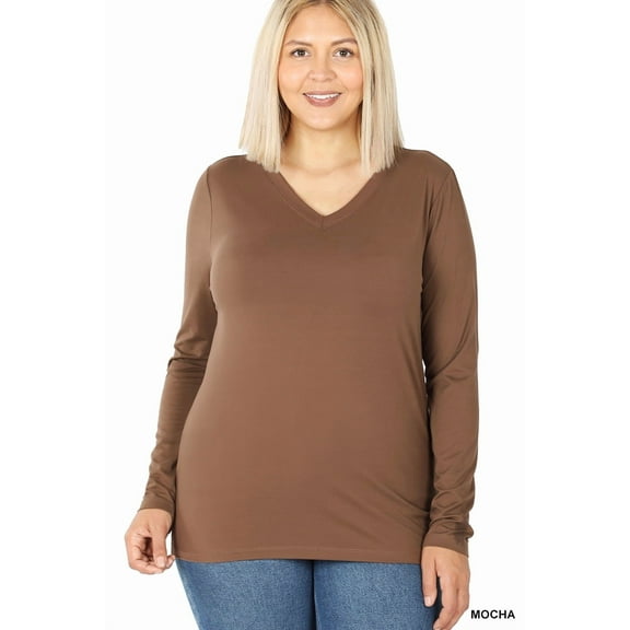 Zenana Plus Size Brushed Microfiber V-Neck Long Sleeve Lightweight Tee Shirt Top