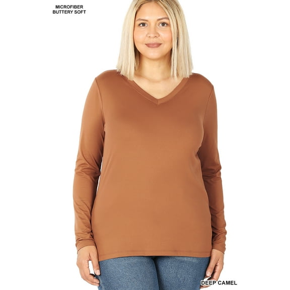 Zenana Plus Size Brushed Microfiber V-Neck Long Sleeve Lightweight Tee Shirt Top