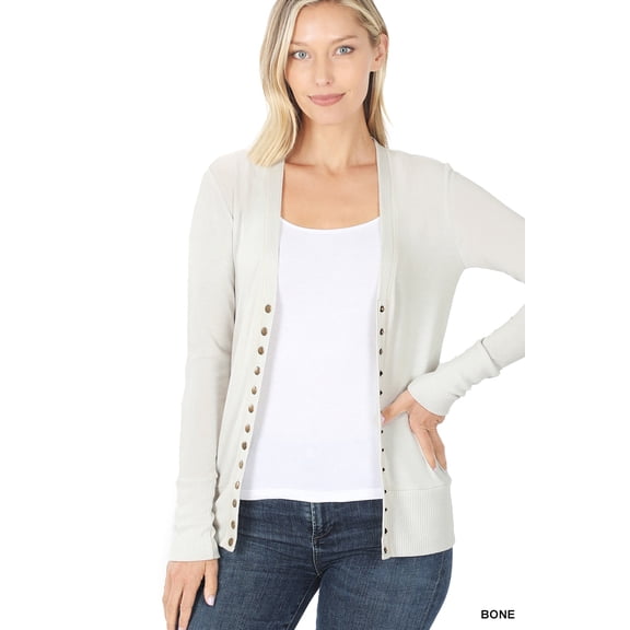 Zenana Plus Size Classic Front V-Neck Thin Snap Button Down Long Sleeve Ribbed Knit Cardigan