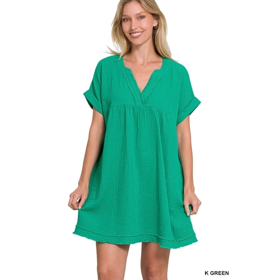 Zenana Plus Size Relaxed Fit Gauge Rolled Short Sleeve Raw Edge Mini V-Neck T-Shirt Tunic Top