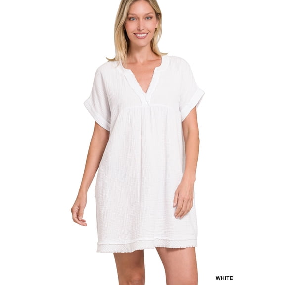 Zenana Plus Size Relaxed Fit Gauge Rolled Short Sleeve Raw Edge Mini V-Neck T-Shirt Tunic Top