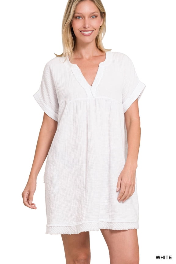 Plus Size Relaxed Fit Gauge Rolled Short Sleeve Raw Edge Mini V-Neck T-Shirt Tunic Top