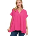 thumbnail image 1 of Zenana Plus Size Relaxed Fit Gauge Rolled Short Sleeve Raw Edge V-Neck T-Shirt Tunic, 1 of 2