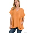 thumbnail image 1 of Zenana Plus Size Relaxed Fit Gauge Rolled Short Sleeve Raw Edge V-Neck T-Shirt Tunic, 1 of 2