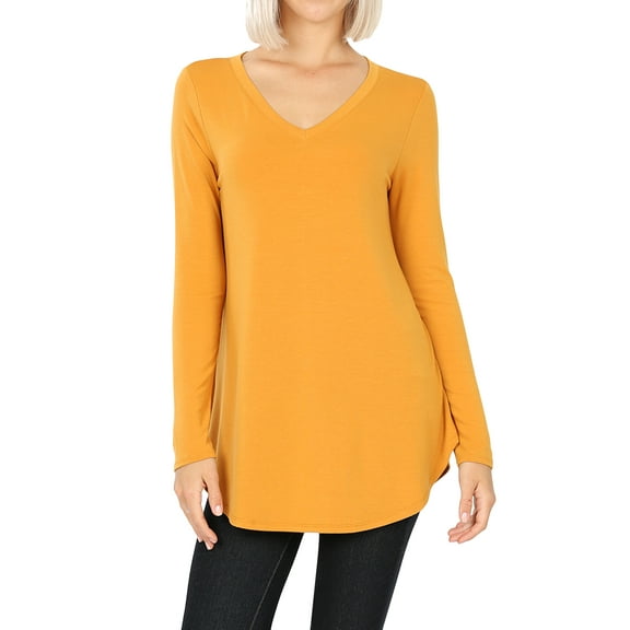 Zenana Plus Size Relaxed Fit Long Sleeve V-Neck Round Hem Jersey Tee Shirt Top
