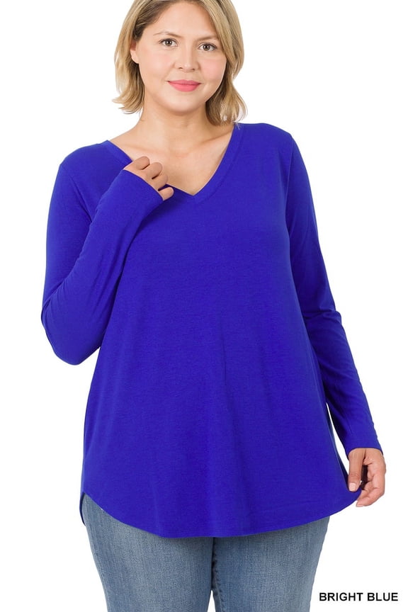 Plus Size Relaxed Fit Long Sleeve V-Neck Round Hem Jersey Tee Shirt Top