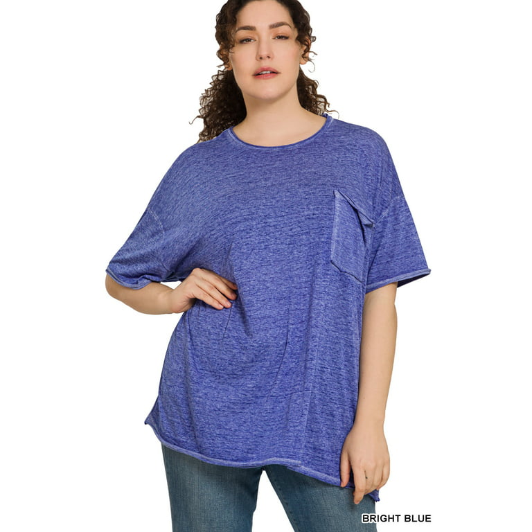 Zenana Plus Size Relaxed Fit Oversized Short Sleeve Round Neck Melange  Burnout Raw Edge Tee Shirts
