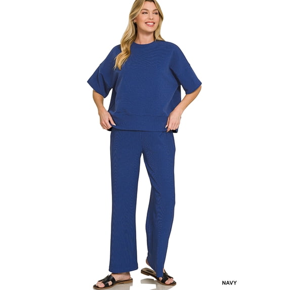 Zenana Plus Size Ribbed Round Neck Short Sleeve Tee & Wide Leg Pants Set