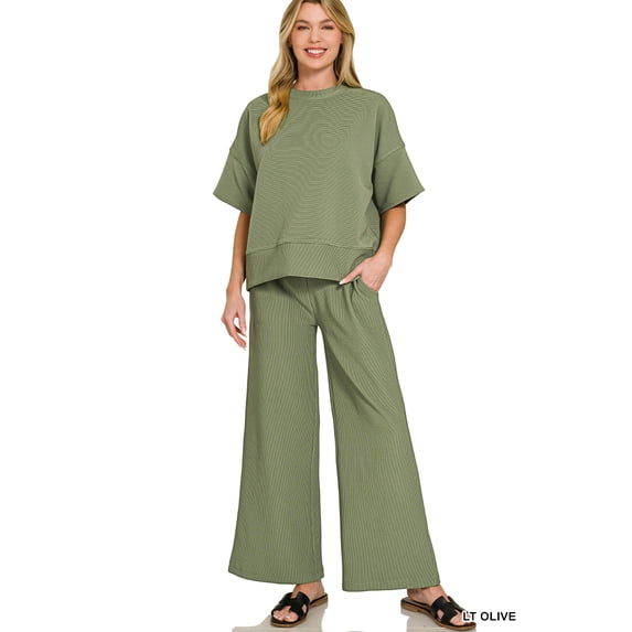 Zenana Plus Size Ribbed Round Neck Short Sleeve Tee & Wide Leg Pants Set