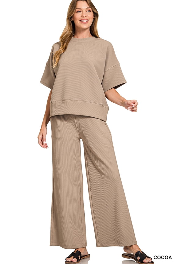 Plus Size Ribbed Round Neck Short Sleeve Tee & Wide Leg Pants Set
