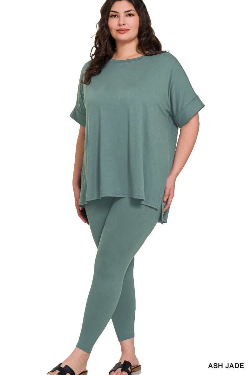 Zenana Plus Size Round Neck Brushed DTY Microfier Short Sleeve Hi-Low Hem & Full Length Leggings Loungewear Set