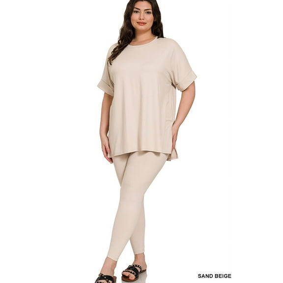 Zenana Plus Size Round Neck Brushed DTY Microfier Short Sleeve Hi-Low Hem & Full Length Leggings Loungewear Set