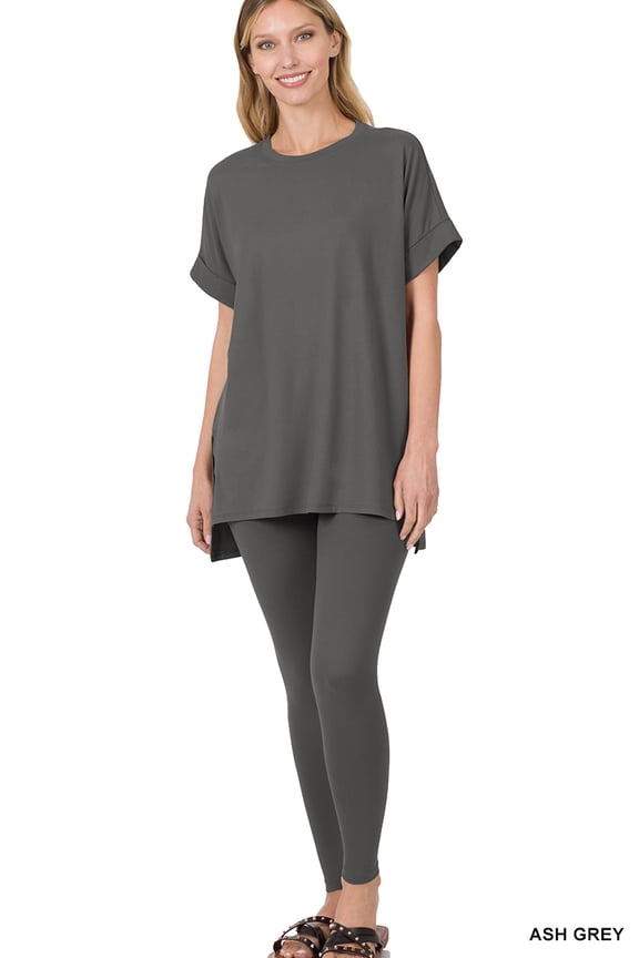Plus Size Round Neck Brushed DTY Microfier Short Sleeve Hi-Low Hem & Full Length Leggings Loungewear Set