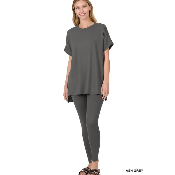 Zenana Plus Size Round Neck Brushed DTY Microfier Short Sleeve Hi-Low Hem & Full Length Leggings Loungewear Set