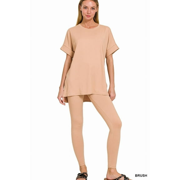 Zenana Plus Size Round Neck Brushed DTY Microfier Short Sleeve Hi-Low Hem & Full Length Leggings Loungewear Set