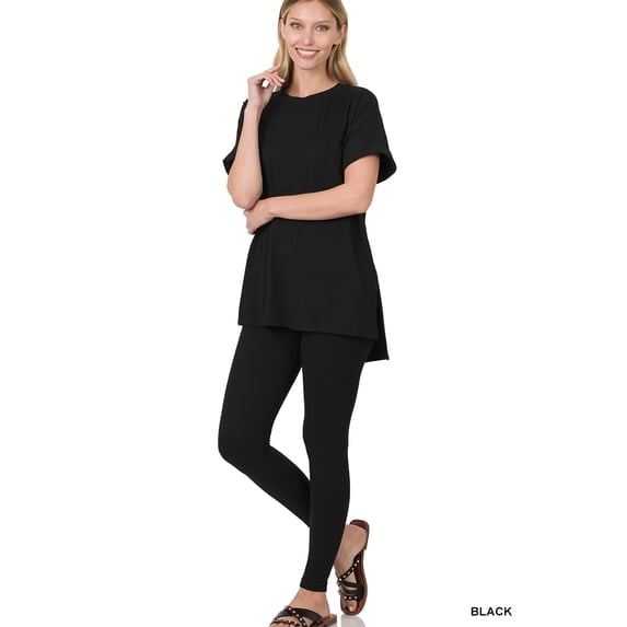 Zenana Plus Size Round Neck Brushed DTY Microfier Short Sleeve Hi-Low Hem & Full Length Leggings Loungewear Set