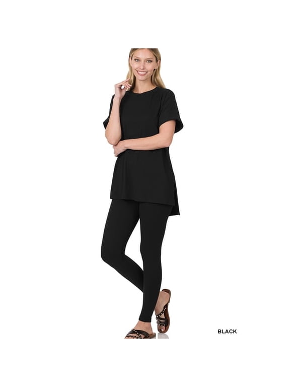 Plus Size Round Neck Brushed DTY Microfier Short Sleeve Hi-Low Hem & Full Length Leggings Loungewear Set