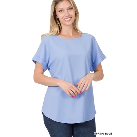Zenana Plus Size Round Neck Heavy Woven Boat Neck Rolled Short Sleeve Blouse Top
