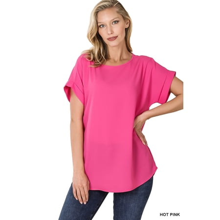 Zenana Plus Size Round Neck Heavy Woven Boat Neck Rolled Short Sleeve Blouse Top