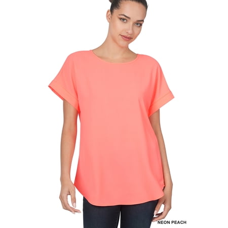 Zenana Plus Size Round Neck Heavy Woven Boat Neck Rolled Short Sleeve Blouse Top