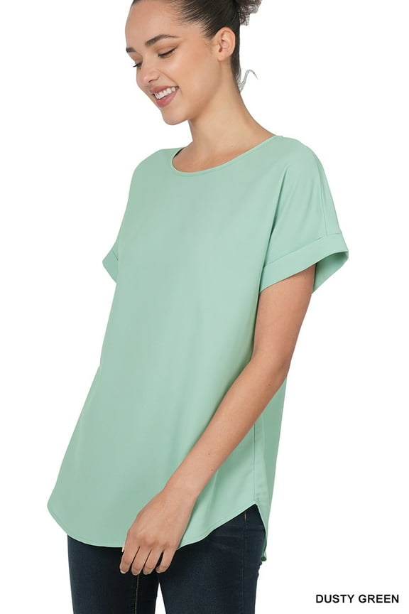 Plus Size Round Neck Heavy Woven Boat Neck Rolled Short Sleeve Blouse Top