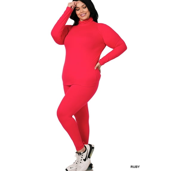Zenana Plus Size Soft Fabric Mock Neck Long Sleeve Top & Leggings - 2 Pieces Tracksuit Set