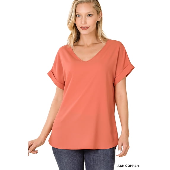 Zenana Plus Size V-Neck Heavy Dobby Boat Neck Rolled Short Sleeve Blouse Top