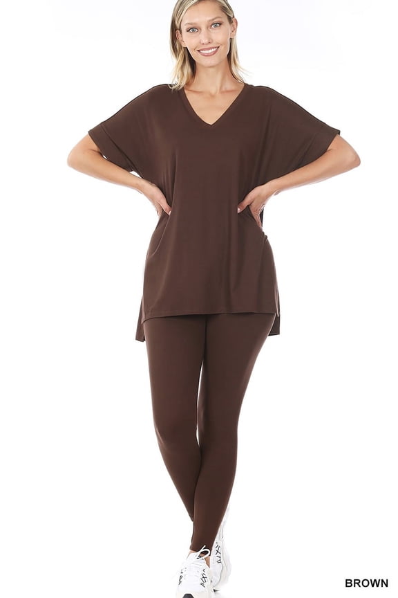 Plus Size V-Neck Short Sleeve & Leggings Comfy Loungewear Activewear Set