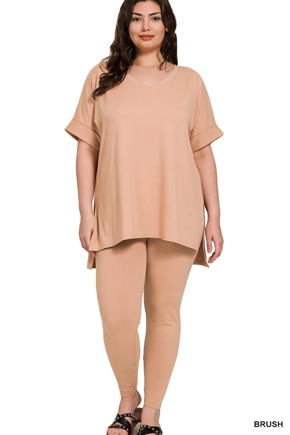 Plus Size V-Neck Short Sleeve & Leggings Comfy Loungewear Activewear Set